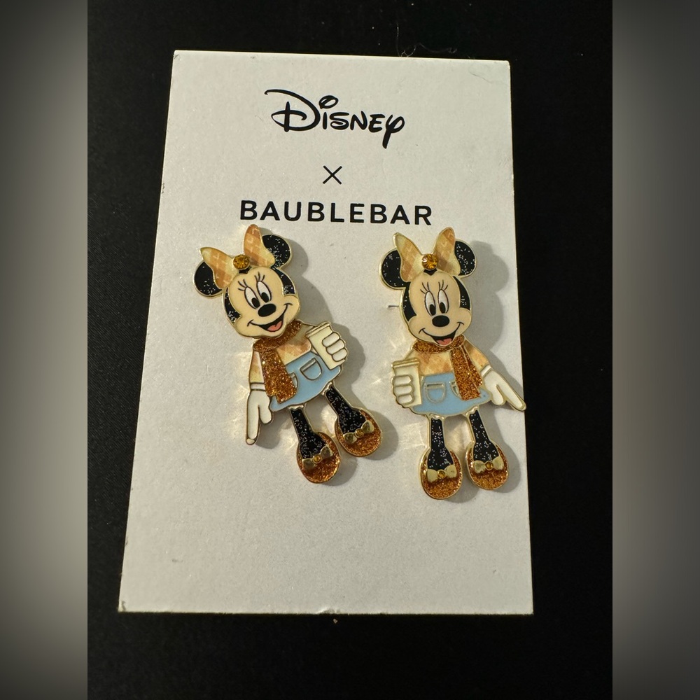 Disney X Baublebar Minnie Mouse Fall Sweater With Coffee Dangle Earrings New